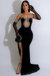 Glamorous – Maxi-Abendkleid aus Samt mit Strassbesatz und herzförmigem Ausschnitt – Schwarz